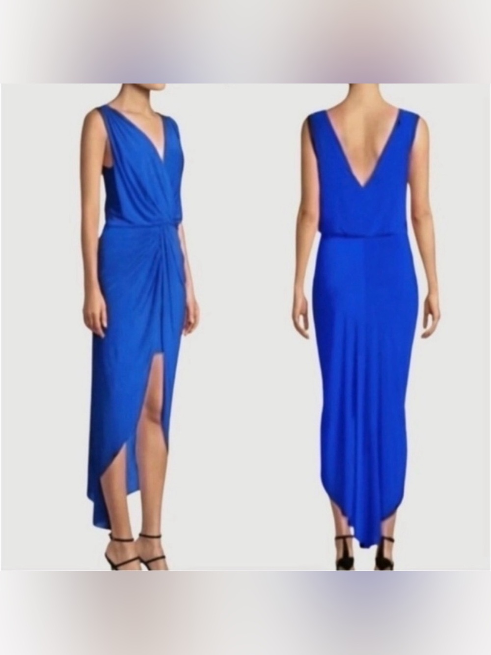 MISA Los Angeles Leza Gathered Crossover Sleeveless Tulip Maxi Dress in Blue L